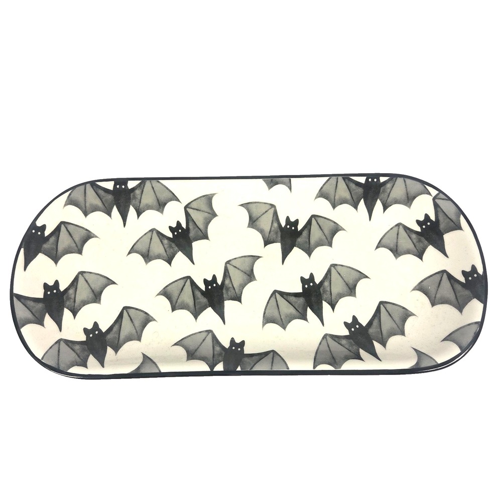 DEI Halloween Bat Serving Platter 12.75 Inch Ceramic Black White Gothic Tray